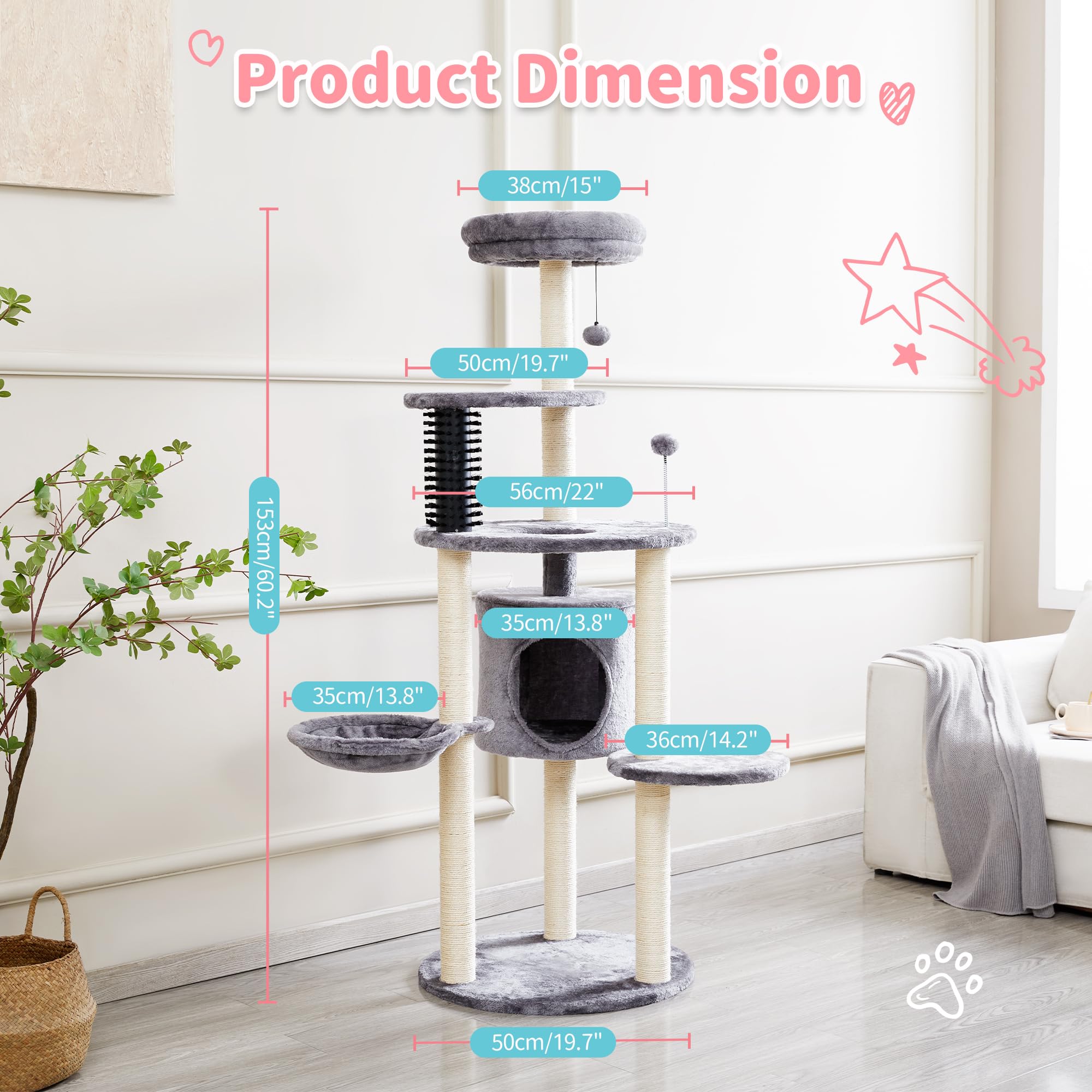 Made 4 Pets Cat Tree For Indoor Cats, 60.2 Inch Tall, 5-Level, Modern, Grey, Sisal Scratch Posts, Cat Condo With Hammock, Cat To